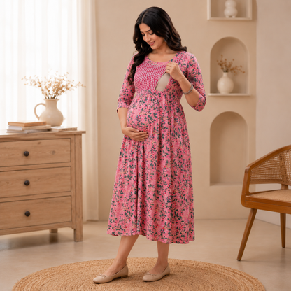 Maatrii Rosé Bloom Feeding Maternity Dress